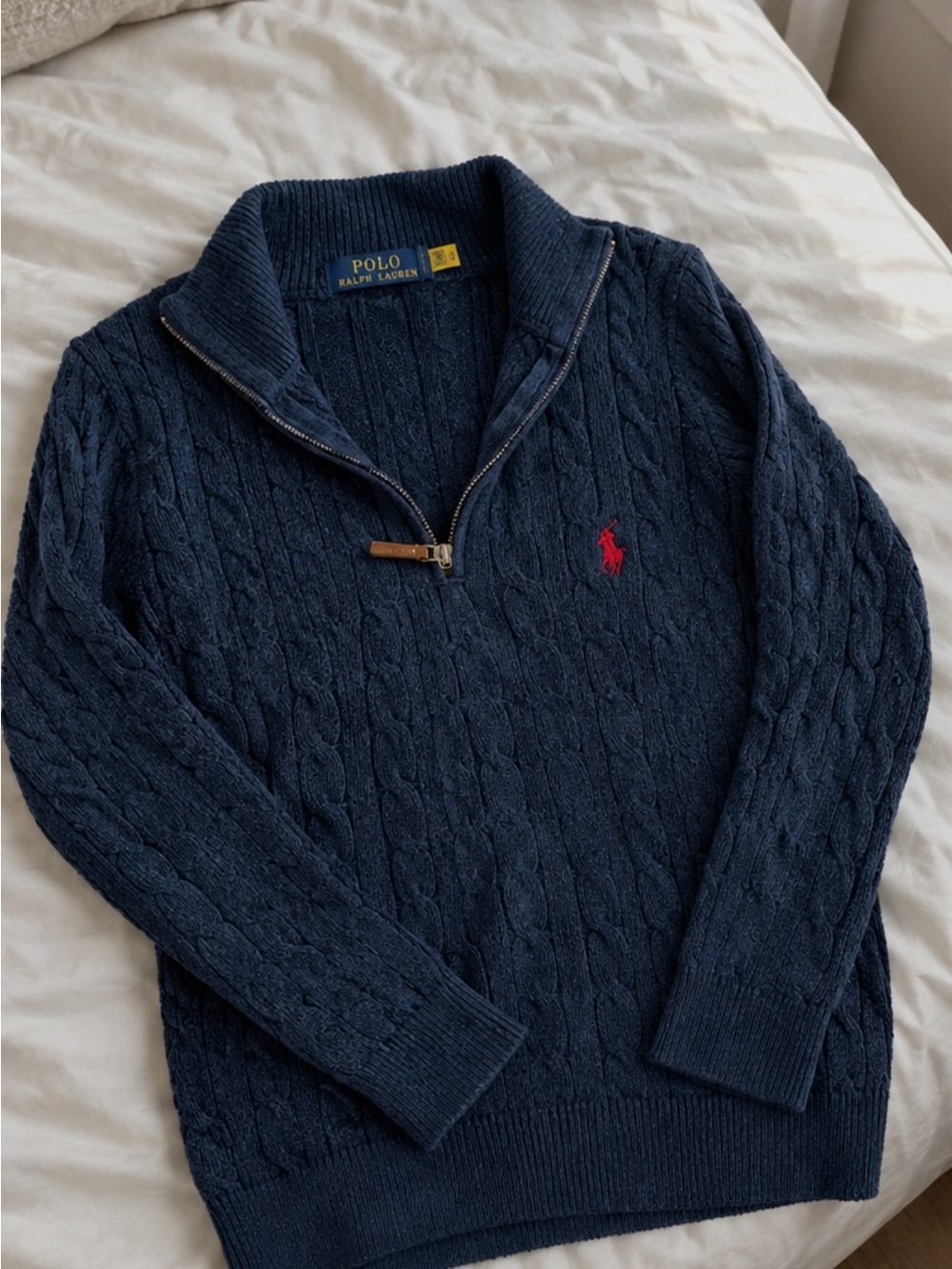 Ralph Lauren Navy Cable-Knit Half-Zip Sweater with Red Pony